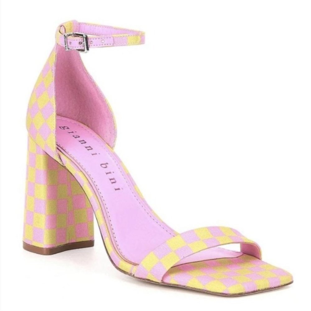 Gianni Bini Pink and Yellow Check Block Heel Sandals